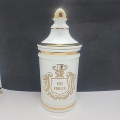 VINTAGE PHARMACY KUX VOMICA APOTHECARY CANISTER JAR WITH LID OWENS ILLINOIS