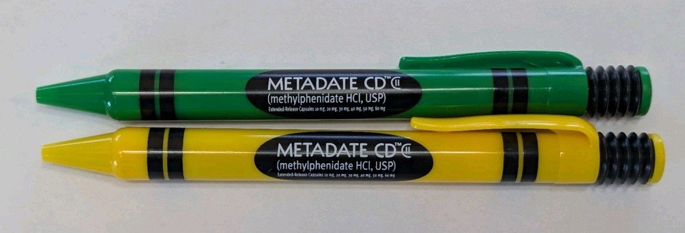 RARE Metadate CD CII Pharmaceutical Drug Rep Pen ADHD Green Yellow Crayon Click