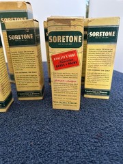 7 Vintage Soretone muscle rub and liniment Bottles in original boxes from 1940’s
