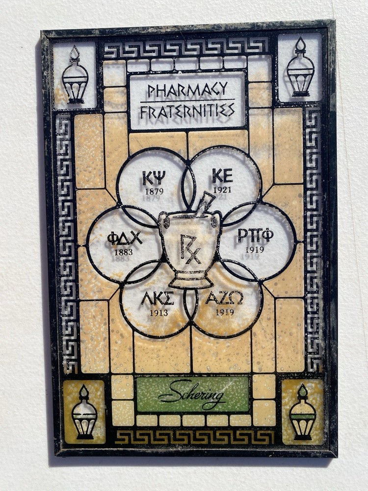Schering Pharmacy Fraternities Vintage Glass Panel