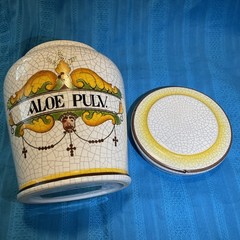 Aloe Pulv. Vintage Apothecary Jar Italian Latin Lid Crackled Rare Vanity Storage