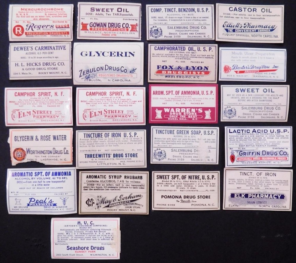 21 Original Vintage North Carolina Pharmaceutical Labels Unused slf1