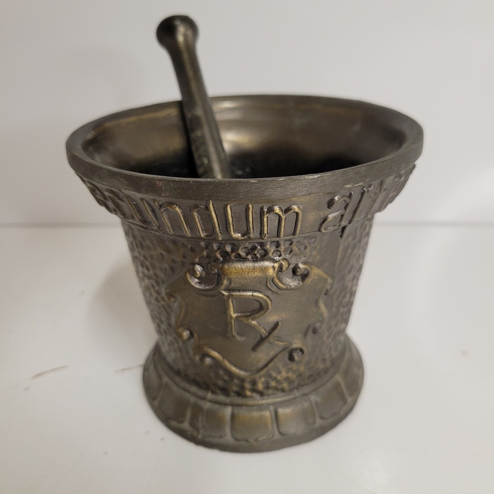 Vtg Coricidin Heavy Brass 4″ Tall Mortar & 6″ Pestle Apothecary Pharmacy Rx