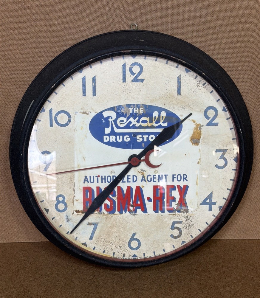 VTG Rexall Drug Store Authorized Agent For BISMA-REX 14” Crystal Clock READ!