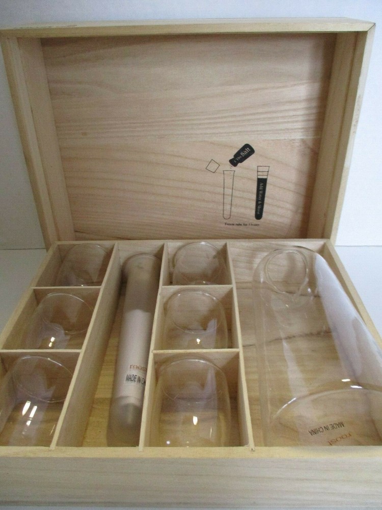 Roost Glass Beaker Plus Glasses and Freezer Tube Set with Wooden Storage Case
