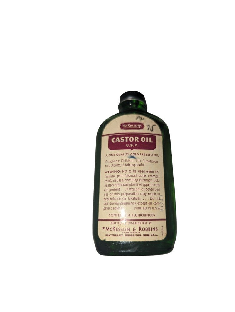 Vintage McKesson Castor Oil Bottle 4oz Full Green Bottle