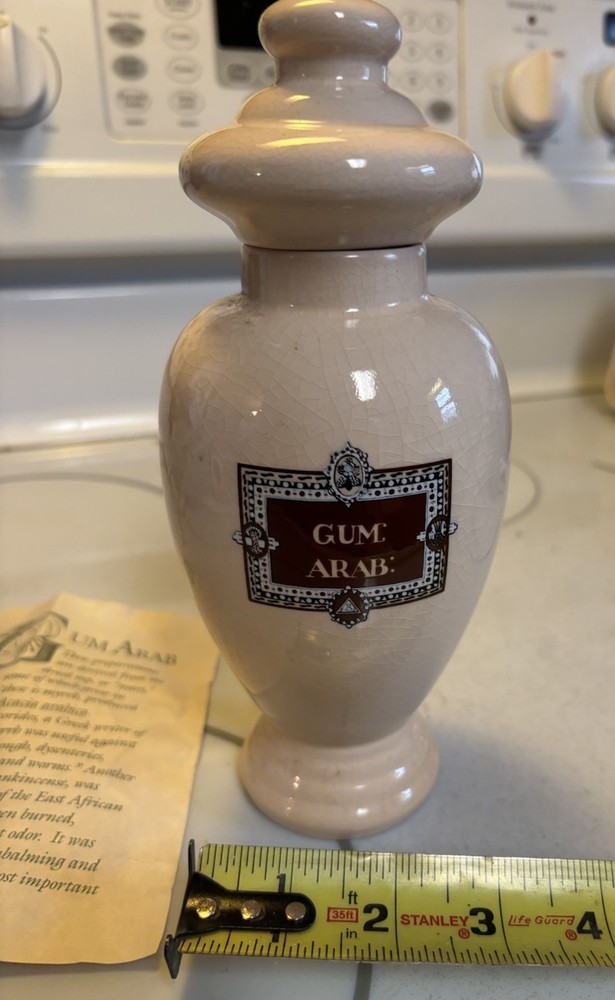 ELI LILLY CERAMIC GUM ARAB APOTHECARY JAR – 8.5” With Lid, Includes Paper