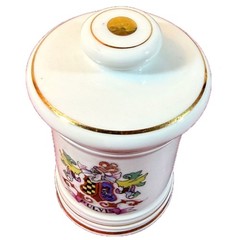 VTG DOM Japan Porcelain Apothecary Jar Pulvis Latin Crest Gold Trim Lidded 5″