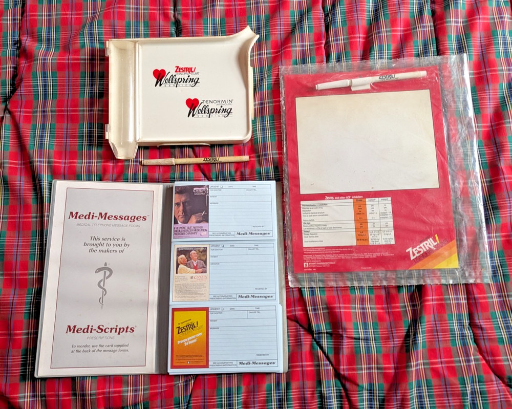 Lot Zestril drug rep gifts 1970s-1990s Rx counting tray note board pens messages