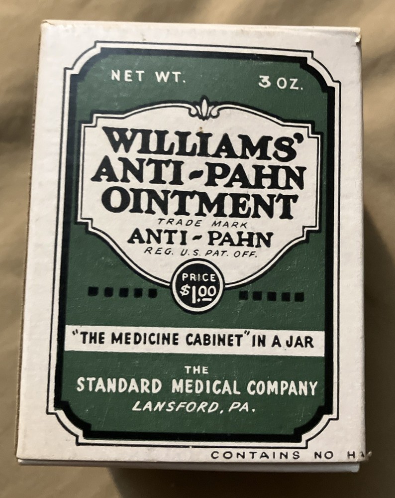 Vintage Williams’ Anti-Pahn Ointment In Original Box With Paper Insert Full Jar