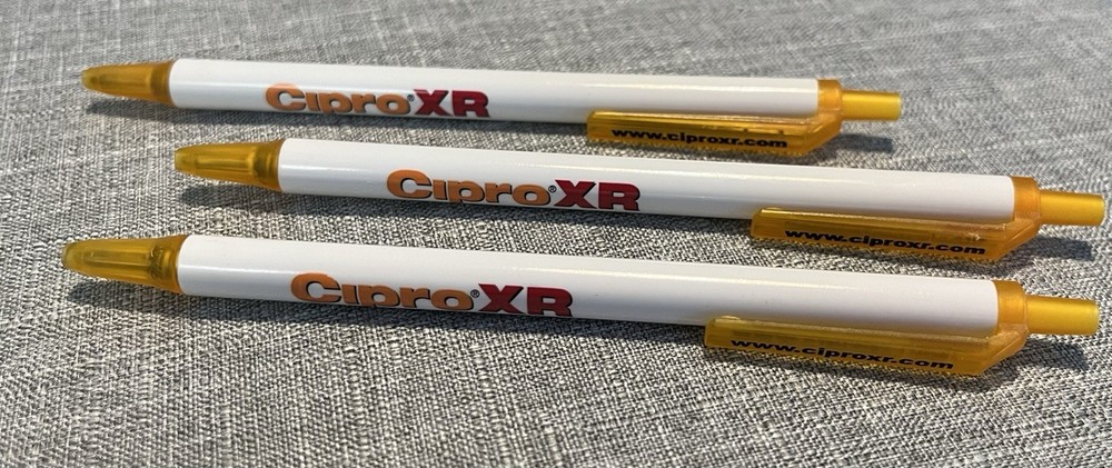 Lot of THREE Cipro XR drug rep pens – cheerful colors – Free Shipping!