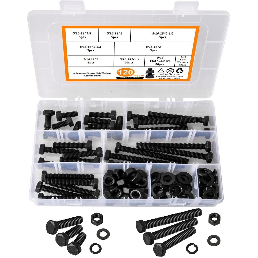 Hakkin 120PCS 5/16-18 Hex Bolts and Nuts Kit, Length 3/4″,1”,1-1/2″,2″,2-1