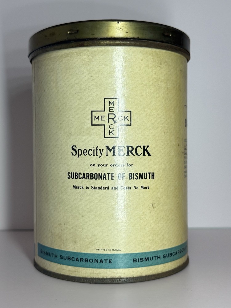 Antique Pharmaceutical MERCK Subcarbonate Of Bismuth Paper & Metal/Tin Can