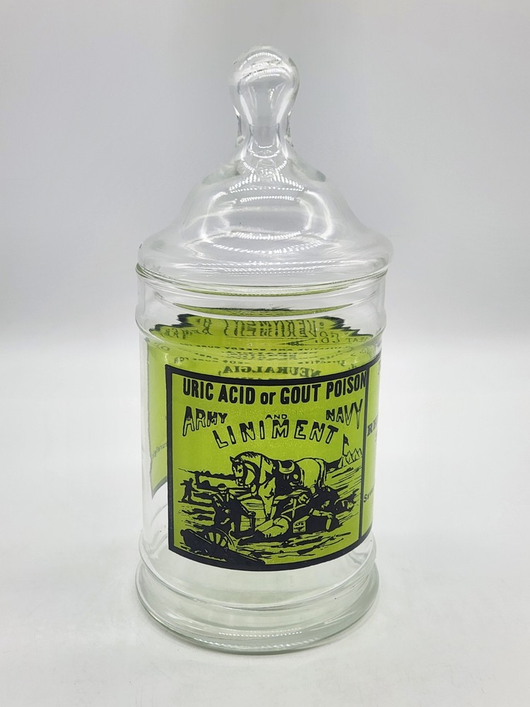 Vintage Glass Apothecary Jar With Lid Army Navy Liniment Medicine Remedy 1970’s