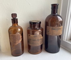 Three Antique Amber Glass Apothecary Medicine Bottles + Labels, Stopper & Cork