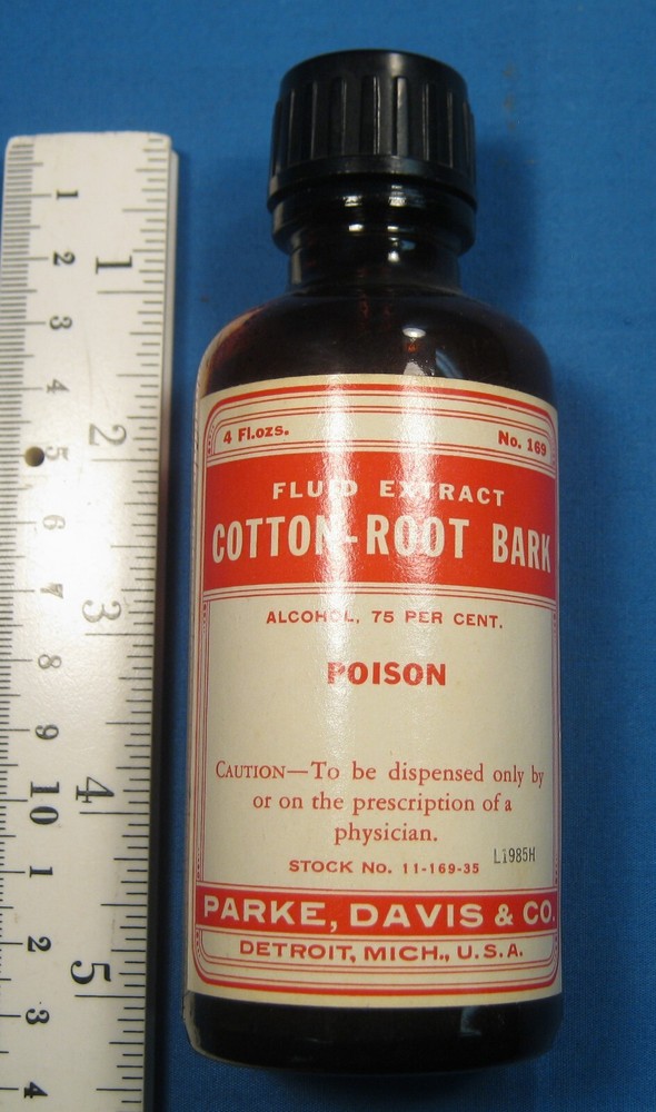 VINTAGE PARKE-DAVIS COTTON-ROOT BARK BOTTLE FREE SHIPPING W