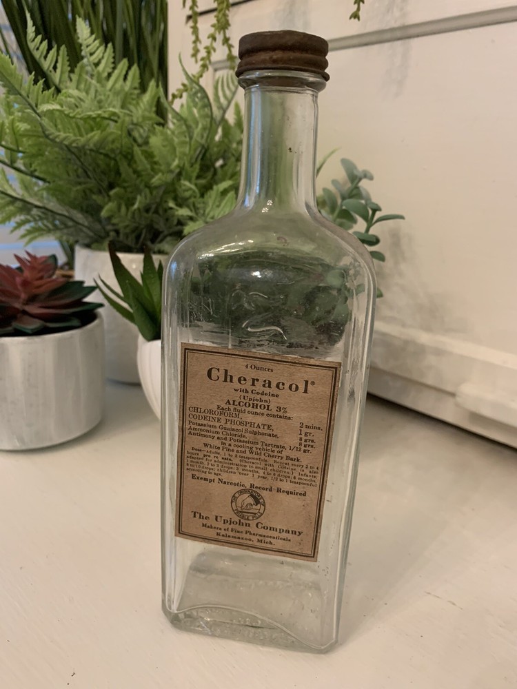 Vintage CHERACOL Cough Syrup Bottle Upjohn Kalamazoo MI Original Label Cap