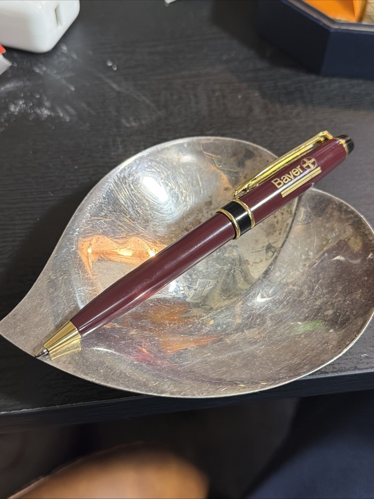 Vintage Bayer Pharmaceutical Promotional Ballpoint Pen Burgundy Gold Tone