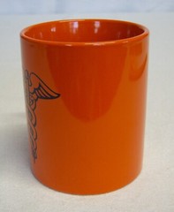 Vtg Medical Caduceus Symbol Orange Coffee 12 oz Mug 4″tall 3″ diameter EC