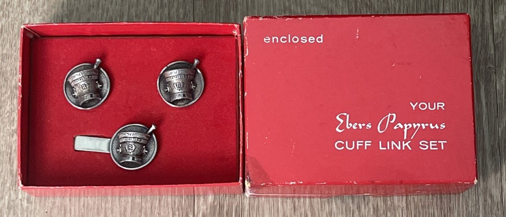 Vintage SCHERING Ebers Papyrus PEWTER Cuff Link Set Original Box Pharmaceutical