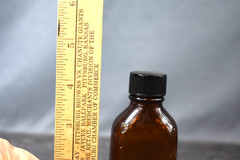 Vintage Medicine Bottle, Amber Glass, Sani-Glass with Black Lid, 4″ Tall