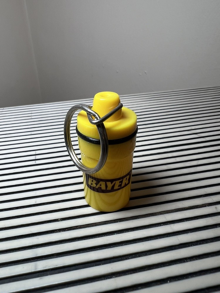 Bayer Aspirin Advertising Women Heart Pill Holder Container Keychain Yellow Vtg