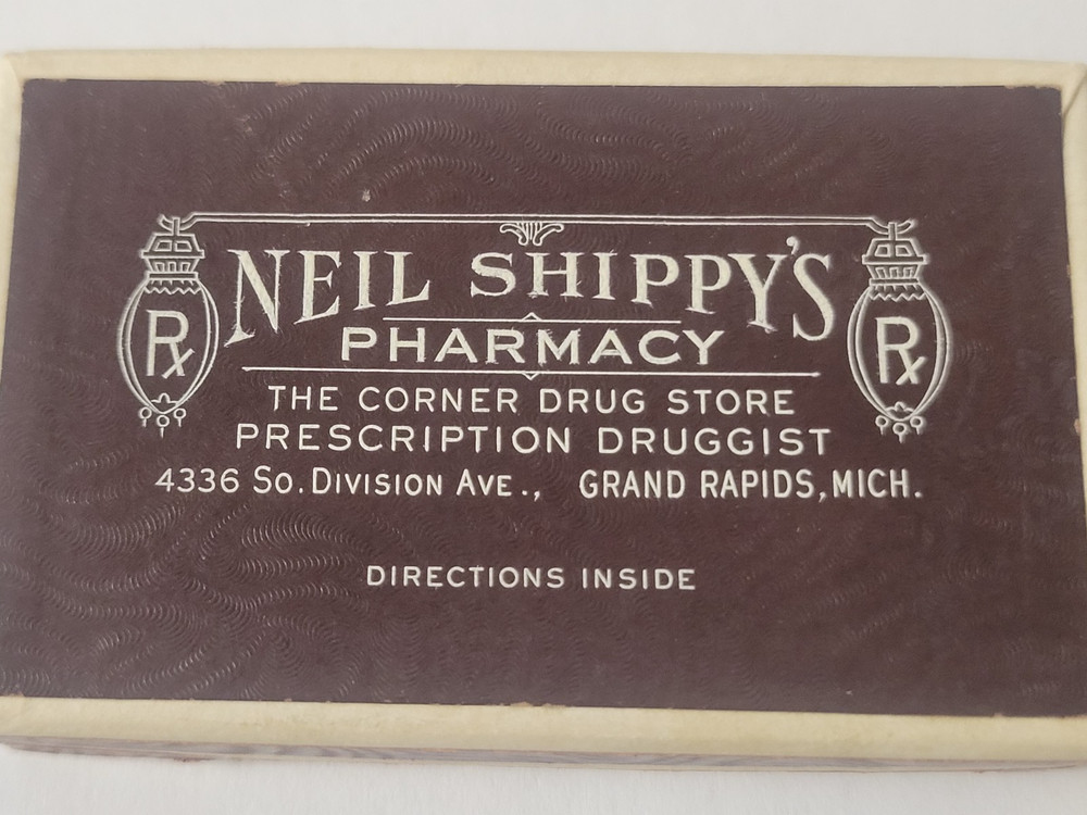 Vintage Pharmacy 50s RX Prescription pill box NEIL SHIPPY’S Grand Rapids, MI EXC