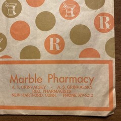 Vtg 1969-1970s Marble Pharmacy Paper Bag New Hartford Connecticut CT Advertising