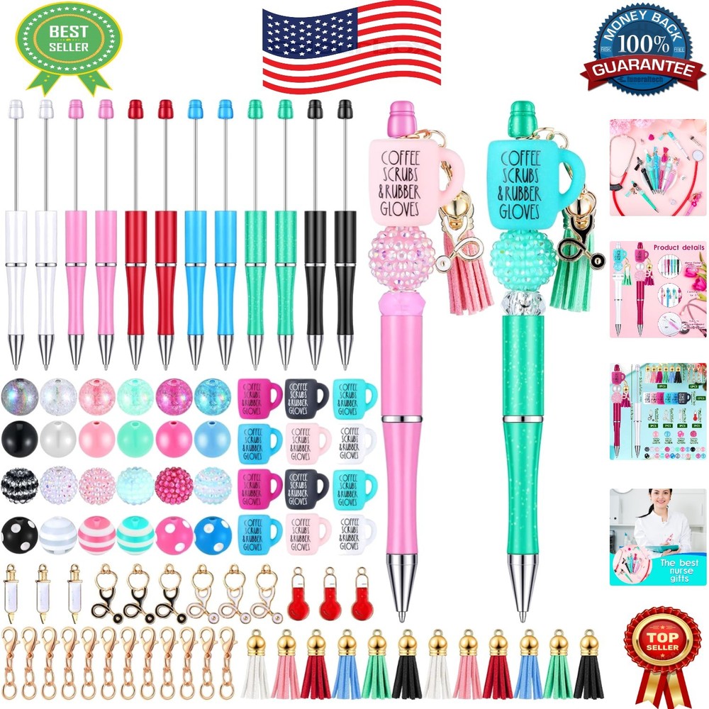 Quality Nurse Beadable Pens Gift Set – 12 Pcs with 50 Beads & Assorted Charms