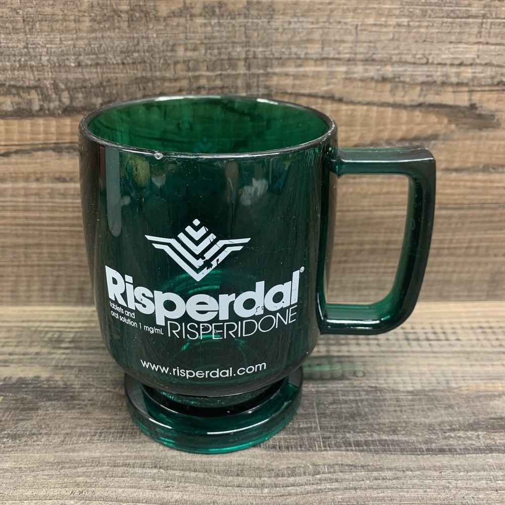 Risperdal Risperidone Drug Rep Hard Plastic Mug Green Coffee Cup VINTAGE