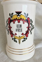 VINTAGE APOTHECARY MEDICINE PHARMACY DRUGSTORE JAR “BLAIR POTTERY” Oleum Myrcae