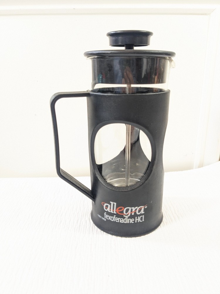 Allegra French Press coffee pot promotional item pharmaceutical promo Drug Rep