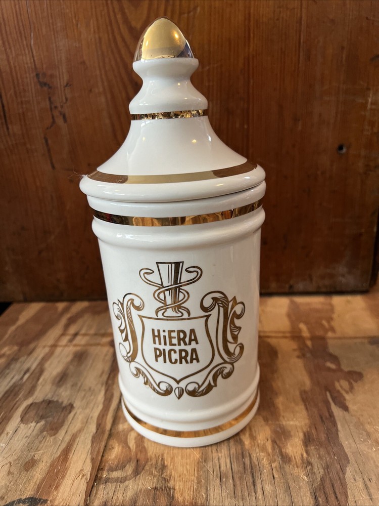 VINTAGE PHARMACY HIERA PICRA APOTHECARY CANISTER JAR WITH LID- OWENS, ILLINOIS