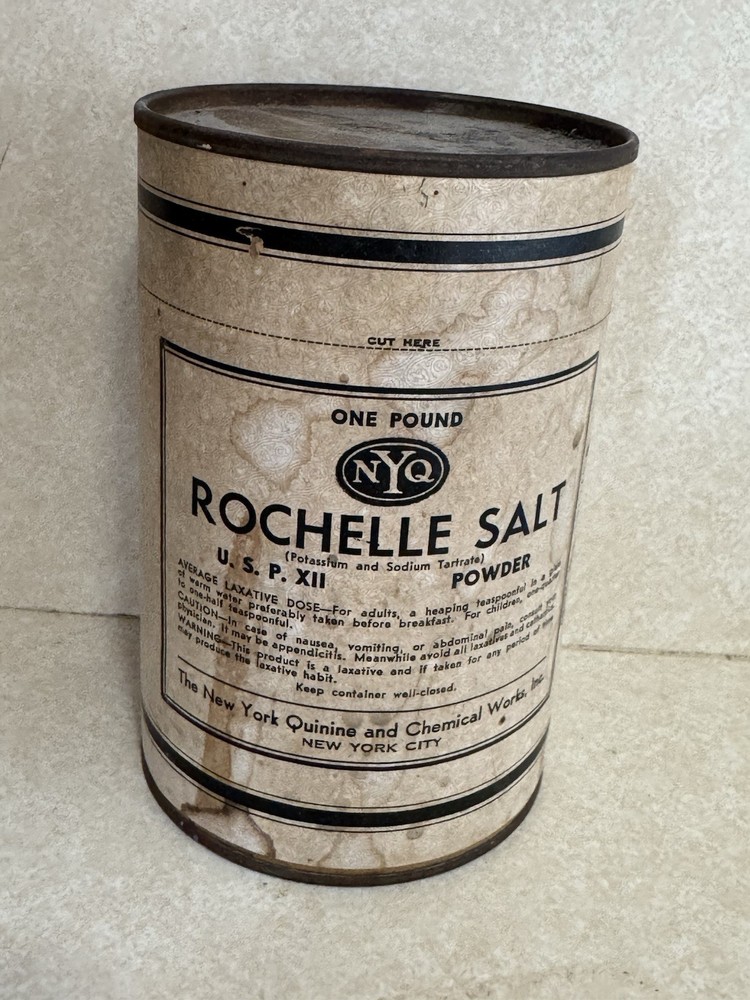 Vintage NYQ Rochelle Salt 1Lb Canister 1940s WWII Era Apothecary Chemist Display