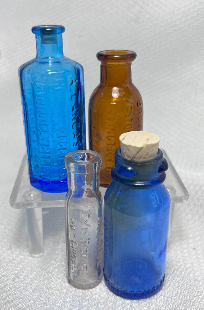 Vtg Blue Brown & Clear Drug Store Pharmaceutical Mini Decorator Lot Of 4 Bottles