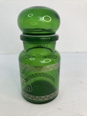 Vintage Green Glass Apothecary Jar Bottle Bubble Lid Belgium 5.5″ Vio-Bec GOLD