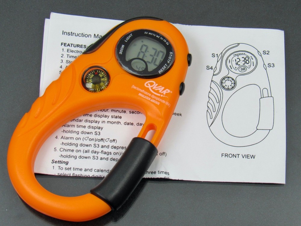 Qvar Carabiner Digital Watch Compass Stopwatch Drug Rep Pharmaceutical Promo