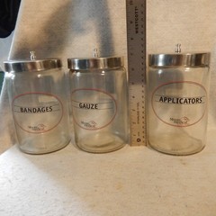 Set 3 Vintage MOORE Medical Supply Glass Jar Apothecary Antique Canisters Gauze