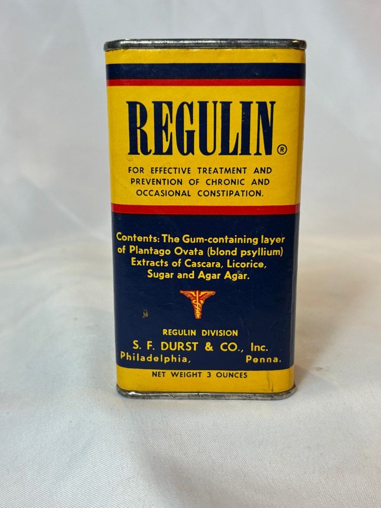 Vtg Regulin Constipation Treatment Cardboard & Metal Container S.F. Durst & Co