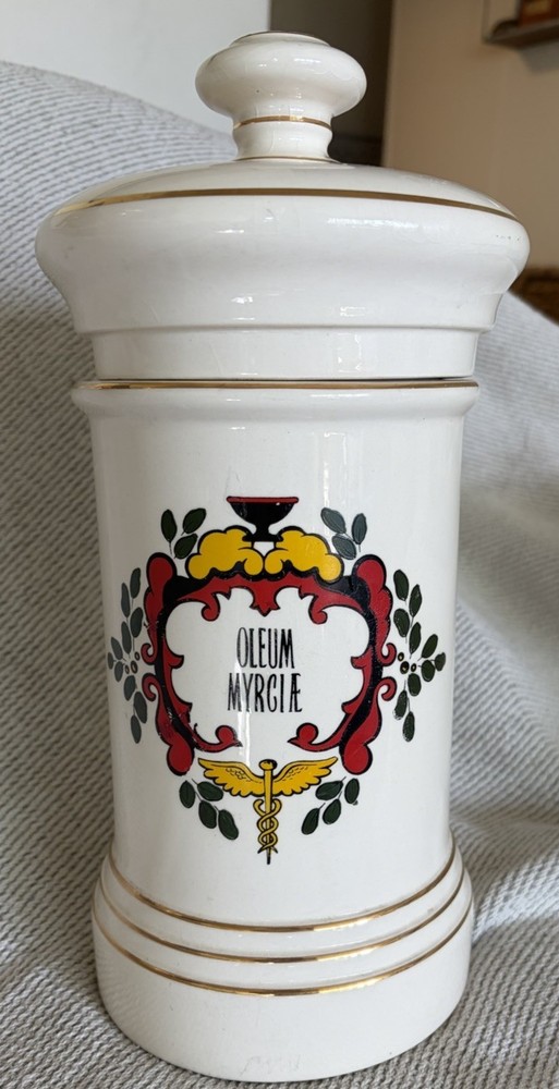 VINTAGE APOTHECARY MEDICINE PHARMACY DRUGSTORE JAR “BLAIR POTTERY” Oleum Myrcae