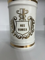 VINTAGE PHARMACY NUX VOMICA APOTHECARY CANISTER JAR WITH LID- OWENS ILLINOIS