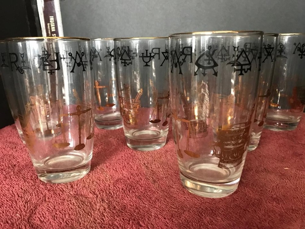 8 Vtg Modern Mid Century Rx Drinking Glasses Gold Plated Pharmacy, Apothecary