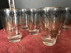 8 Vtg Modern Mid Century Rx Drinking Glasses Gold Plated Pharmacy, Apothecary