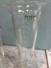 Set of 2 Antique Laboratory Hex-Footed Glass Graduated Cylindar Beakers Pyrex