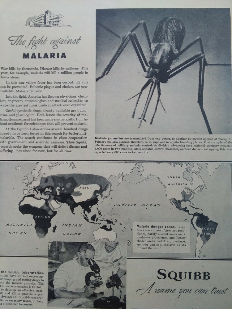 Squibb Print Ad Original Vintage 1945 Bristol Myers NYC Malaria Piper Cub PA