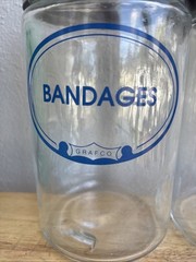 2 Grafco Glass Blue Letter Apothecary Jars Stainless Lid Vtg Applicators Bandage