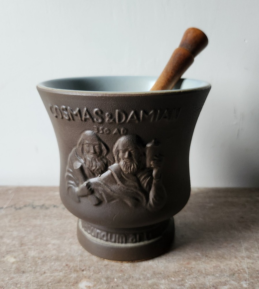 Schering Pharmaceutical Coricidin Promotional Brown Ceramic Mortal Wood Pestal