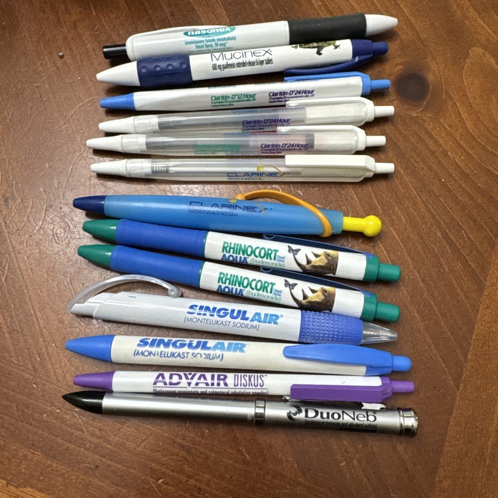 Lot 13 Metal, Plastic, allergy and inhaler Pharmaceutical Drug Rep Pens
