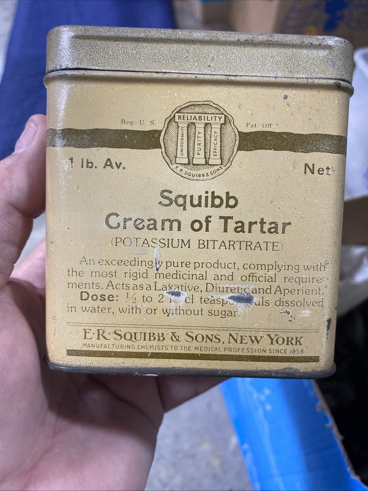 Rare: Vintage Tin Squibb: Cream Of Tartar Sodium Bicarbonate 1lb Tin