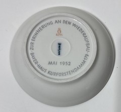 Vtg Bayer Haus Pharmacy Advertisement Promo Porcelain Dish Gold Cross Logo 1952